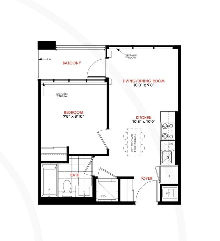 1 Bed floor plan outline, model 1C.