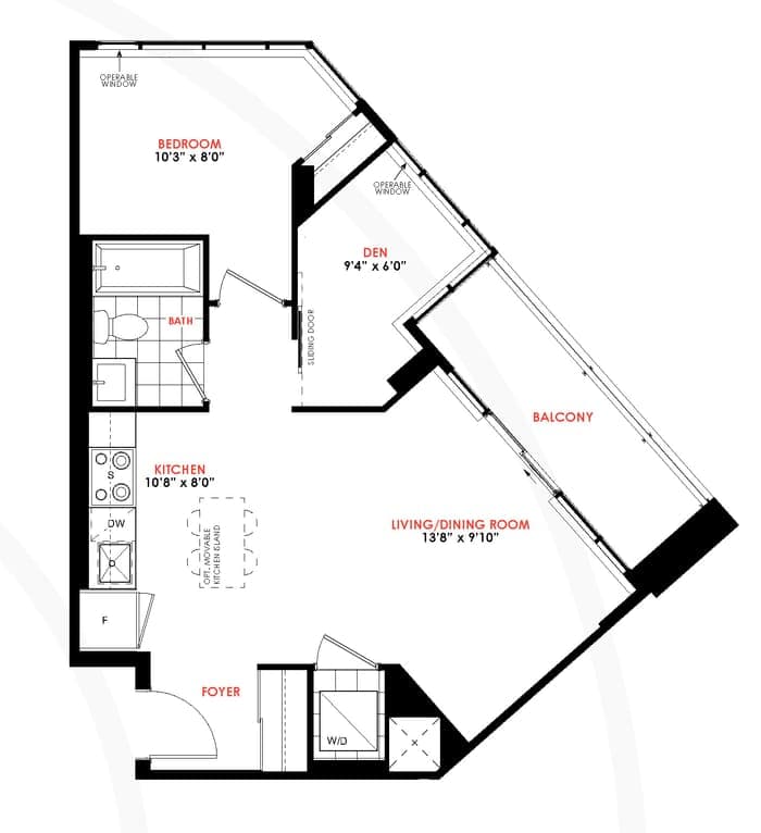 1 Bed + Den floor plan outline, model 1C+D.