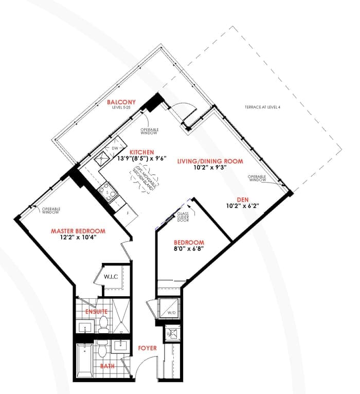 2 Bed + Den floor plan outline, model 2A+D.