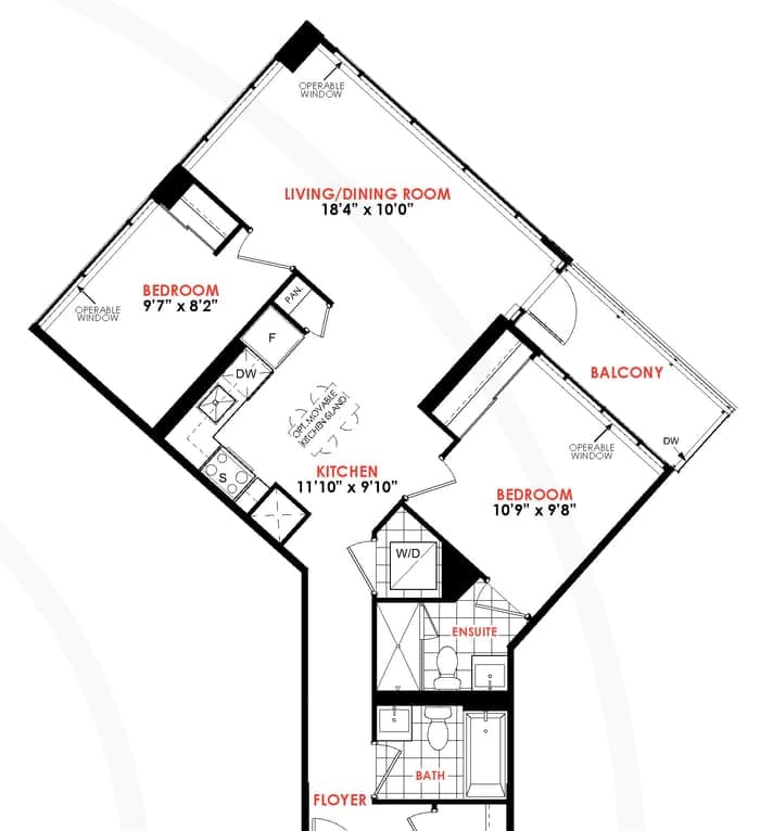 2 Bed floor plan outline, model 2E.