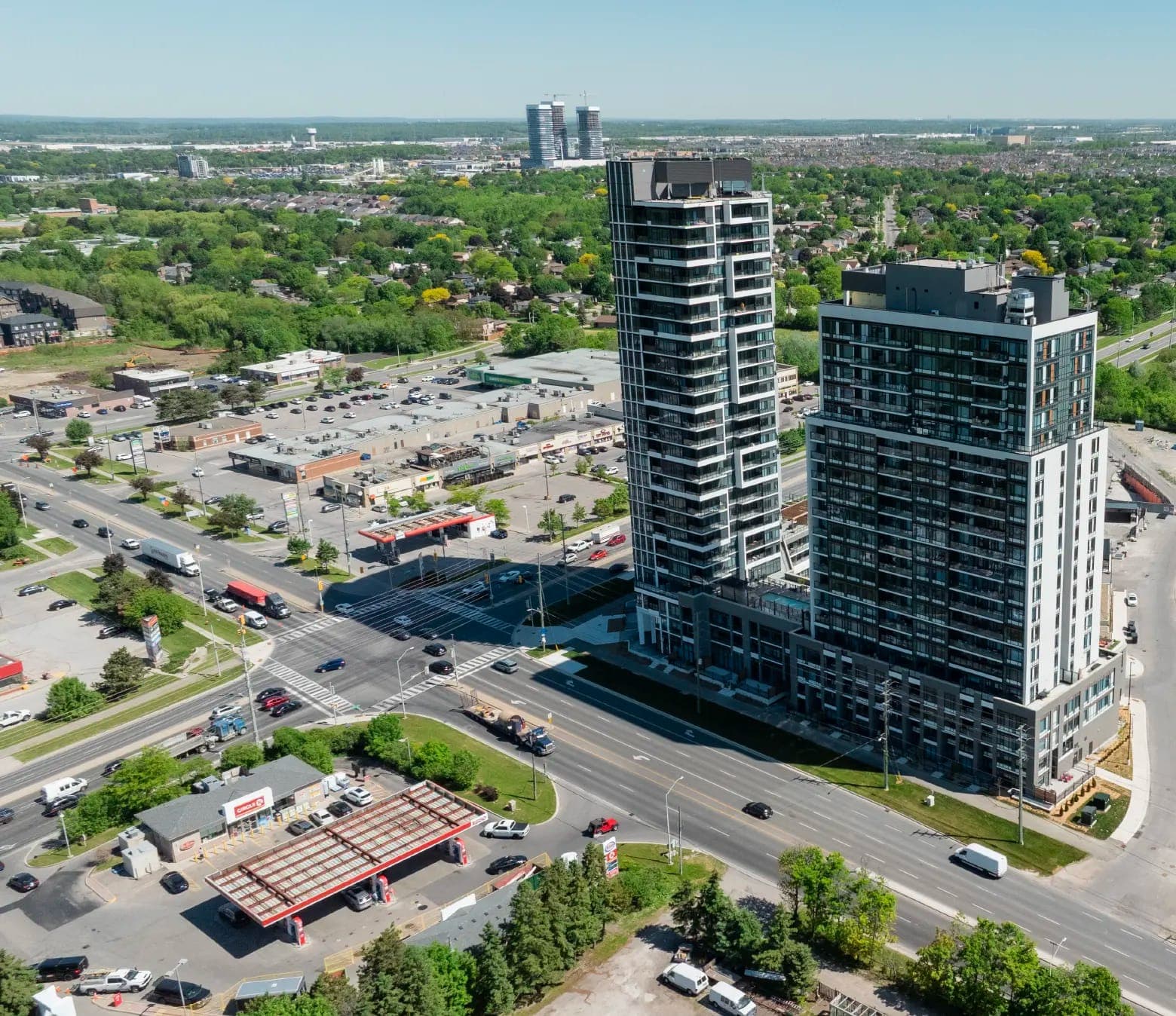 The two Connectt towers at Regional Road 25 and Derry Road in Milton, photographed from the air.